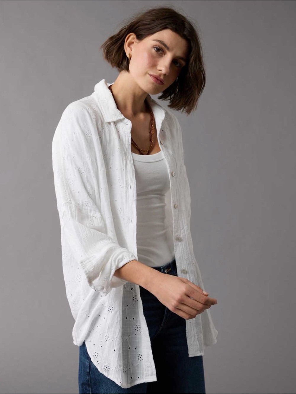 American Eagle Go Big Oversized Eyelet Embroidered Shirt L